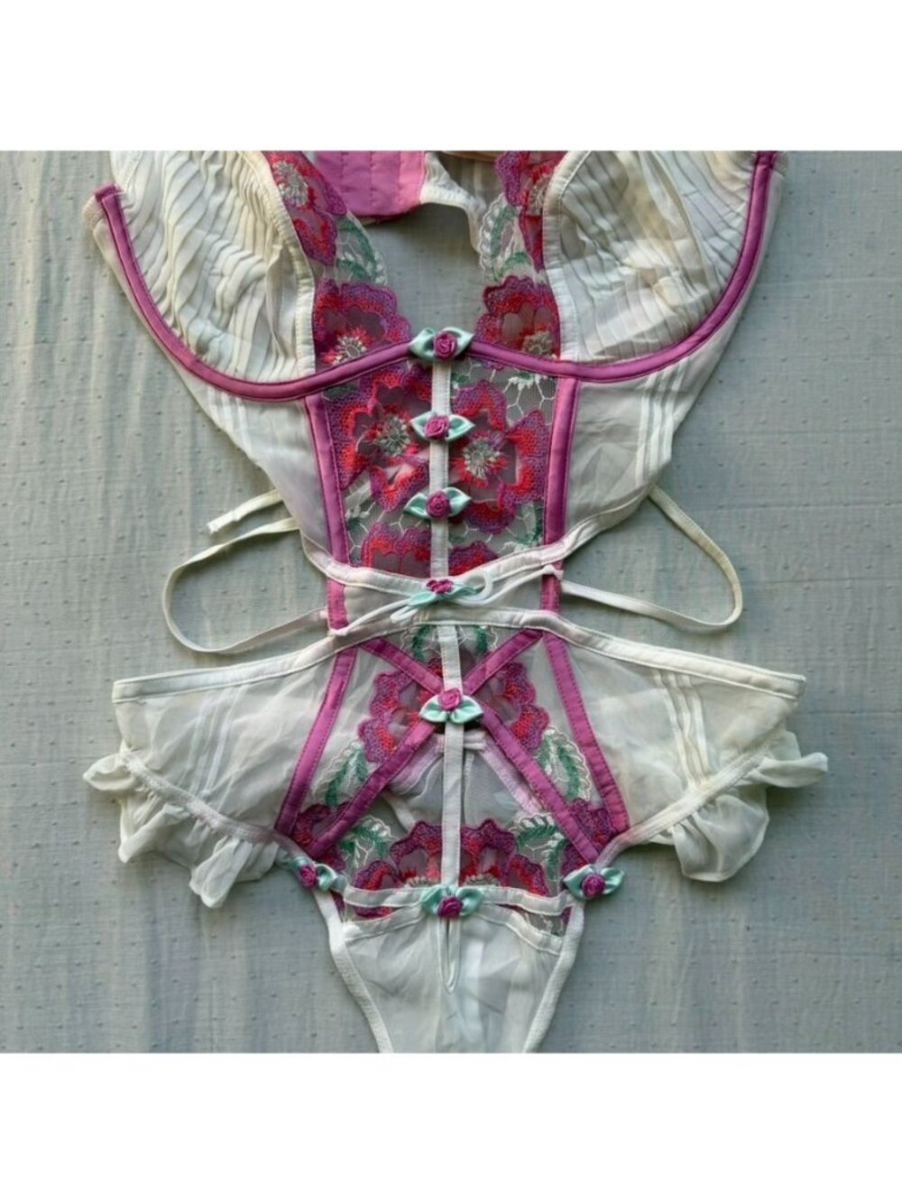 For Love and Lemons Festival Rose Teddy White Pink Embroidered Bodysuit NWT 36B - Picture 3 of 16